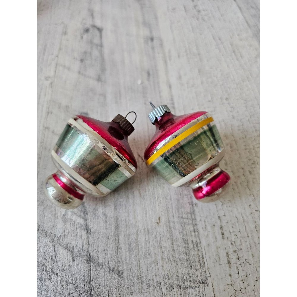 Vintage radko shiny Brite lantern Mercury glass striped green red ornament set X
